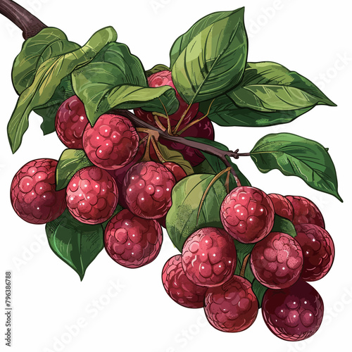 Raspberry branch with berries and leaves isolated on white background. Vector illustration.