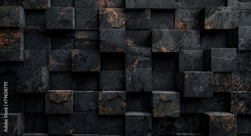 Fondo viejo y sucio de cemento oscuro o textura de pared de piedra.
Cubos de piedra oscura de fondo. Vista frontal. Espacio de copia libre. photo