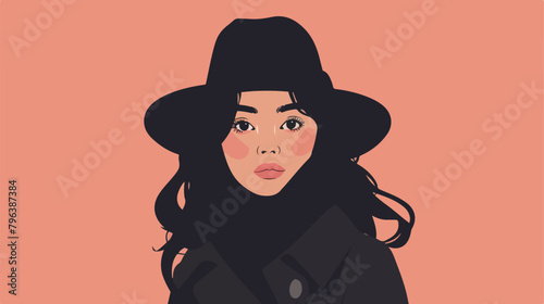 a young girl with dark hair in a coat and hat .flat i