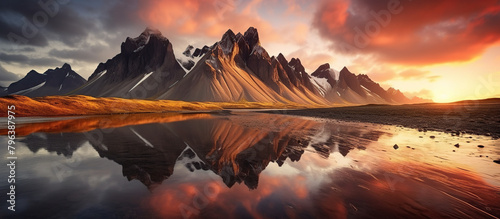 Mountain cape during sunset with reflections.