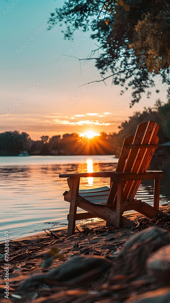 Sunset Serenity: Lake Shore with Wooden Chairs, Ideal for Relaxation and Nature Viewing