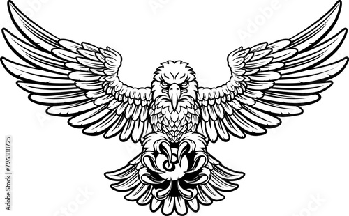 An eagle angry mean pool billiards mascot cartoon character holding a black 8 ball.