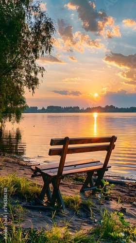 Sunset Serenity  Lake Shore with Wooden Chairs  Ideal for Relaxation and Nature Viewing