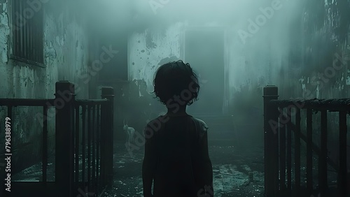 Haunted by Monsters and Ghosts: Fearful Childhood Memories Lingering in the Dark. Concept Childhood Horror, Ghostly Encounters, Monster Memories, Dark Shadows, Haunting Past photo