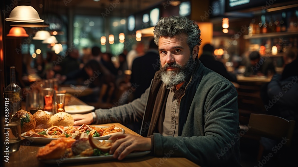 Handsome middle-aged man sitting at a table in a pub