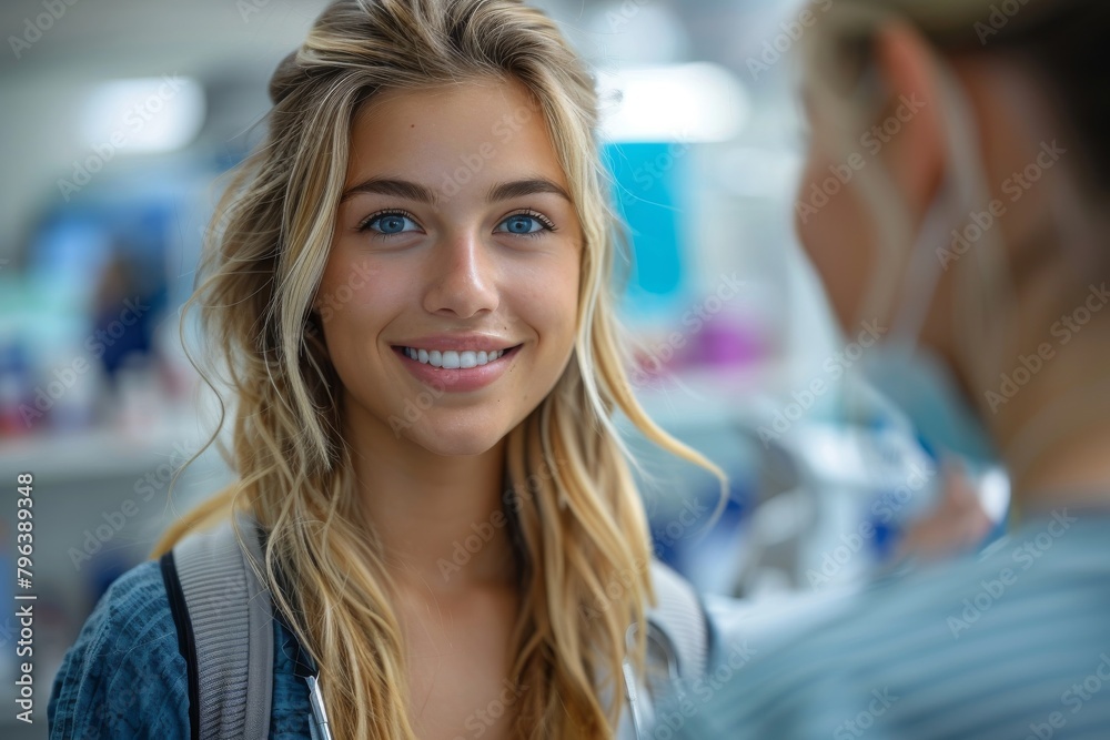 A radiant young woman with blonde hair and blue eyes smiling in a friendly manner at the camera A radiant young woman with blonde hair and blue eyes smiling in a friendly manner at the camera