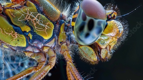 A magnified photograph of the dragonflys thorax revealing the intricate structure of its sensory and nerve bundles.
