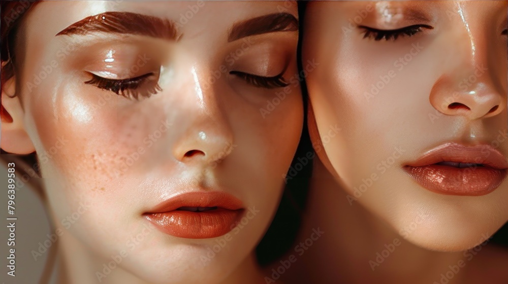Close-up shot of two beautiful women closing their eyes after putting on makeup