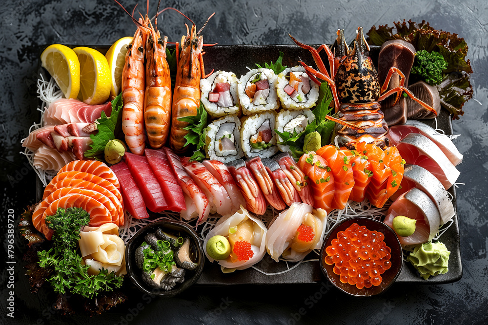 A plate of sushi and other seafood is displayed on a black background
