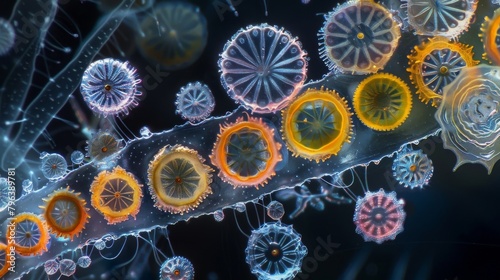 A delicate chain of diatoms each one ly visible to the d eye are revealed under the microscope their intricate designs serving as