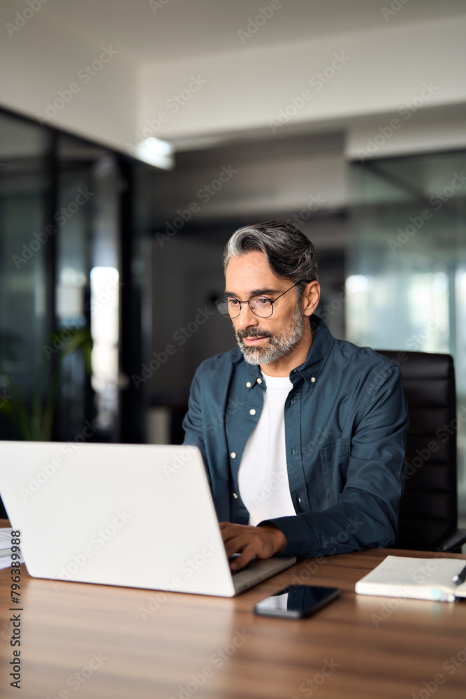 Middle aged professional business man ceo investor working online looking at computer in office. Busy smiling mature Indian businessman executive wearing shirt sitting at desk using laptop. Vertical. Middle aged professional business man ceo investor working online looking at computer in office. Busy smiling mature Indian businessman executive wearing shirt sitting at desk using laptop. Vertical.