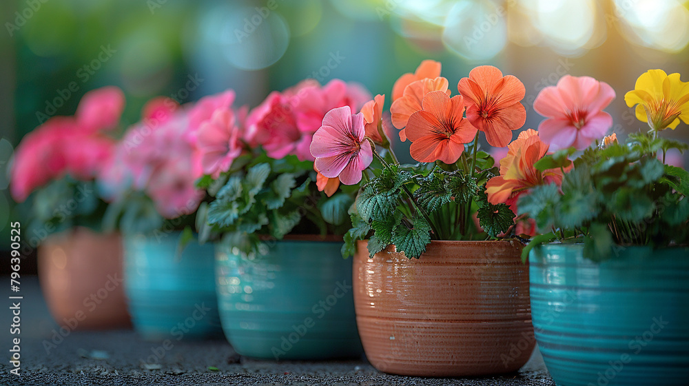 Group of vibrant geranium flowers in pots with green leaves