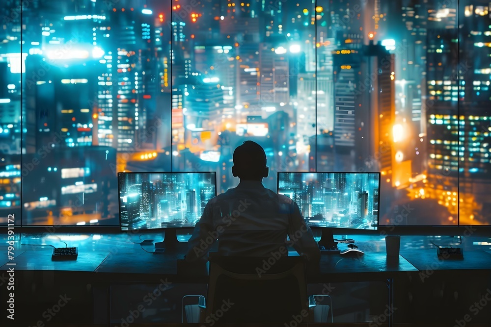 A lone figure strategizes against a dystopian cityscape illuminated by computer screens. Concept Dystopian, Technology, Strategy, Urban Landscape, Isolation A lone figure strategizes against a dystopian cityscape illuminated by computer screens. Concept Dystopian, Technology, Strategy, Urban Landscape, Isolation