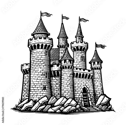 castle engraving black and white outline
