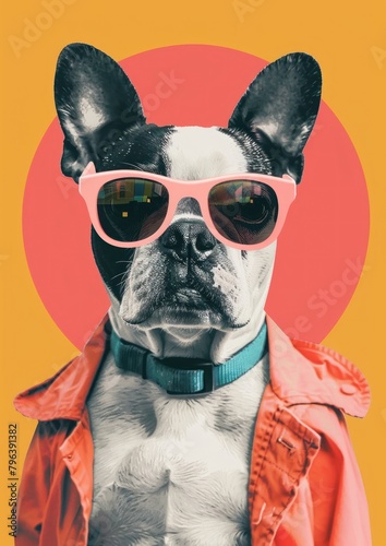 Retro collage of a dog sunglasses bulldog mammal. © Rawpixel.com