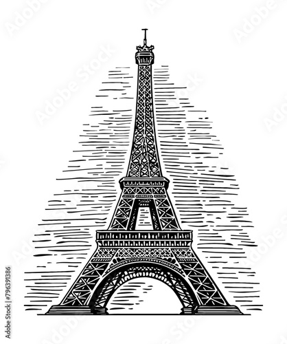 eiffel tower engraving black and white outline