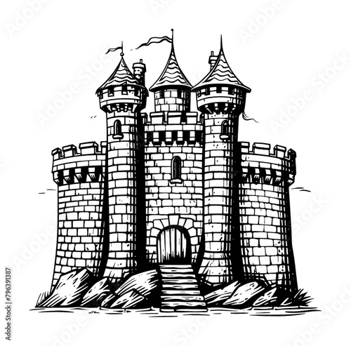 castle engraving black and white outline