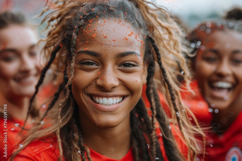 Radiant female athlete with braided hair smiling, covered in orange confetti, showing joyfulness and sporting passion Radiant female athlete with braided hair smiling, covered in orange confetti, showing joyfulness and sporting passion