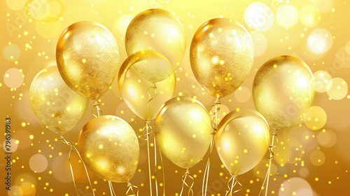 Beautiful golden balloon background, celebration birthday party, shiny, confetti, copy space area