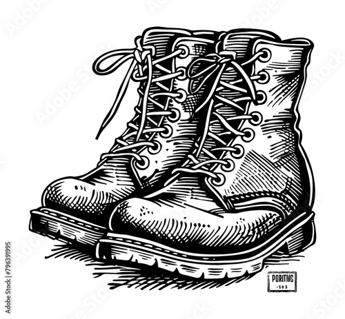 outdoor boot engraving black and white outline