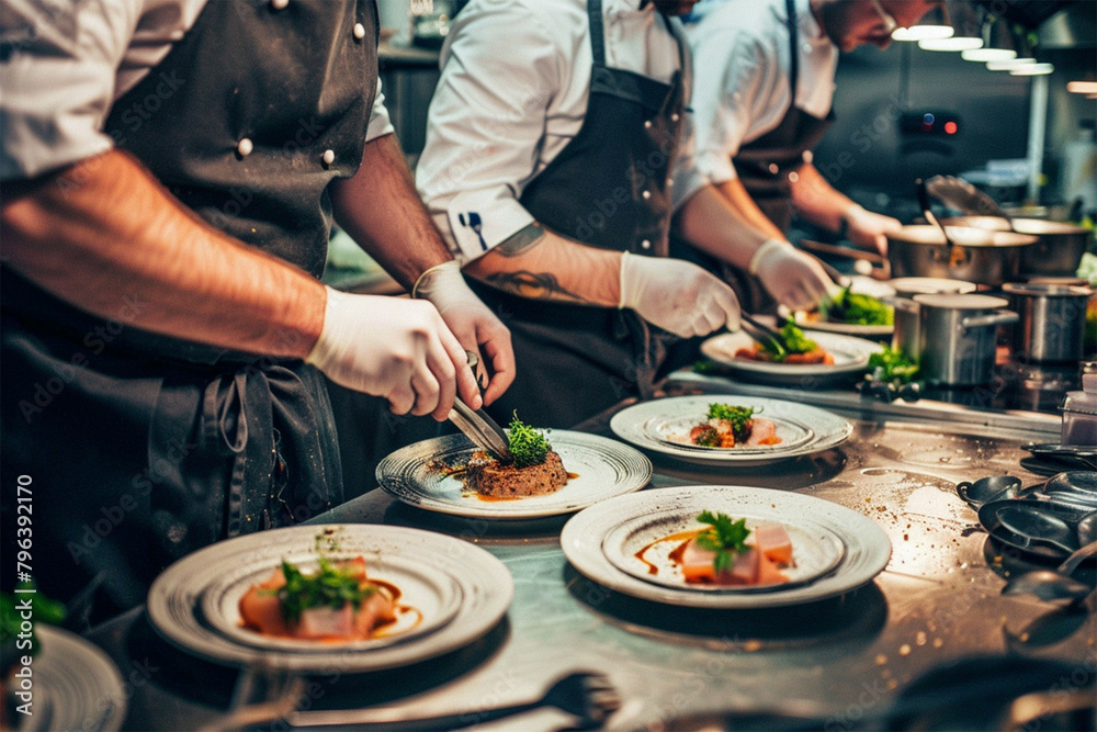 A team of chefs preparing a delectable dish in a professional kitchen. A team of chefs preparing a delectable dish in a professional kitchen.