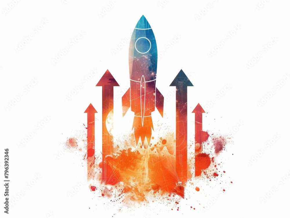 Upward Bound Rocket and Arrows on a Stark White Background - Startup Progress, Upward Trends, Success - Investment, Technology