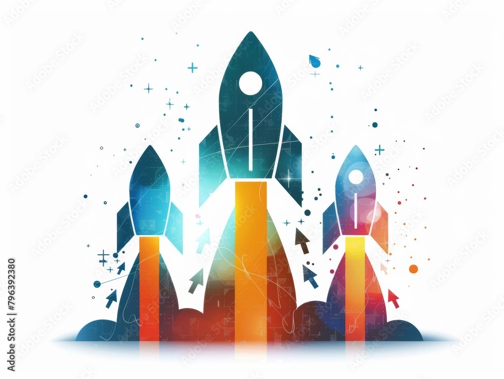 Upward Bound Rocket and Arrows on a Stark White Background - Startup Progress, Upward Trends, Success - Investment, Technology