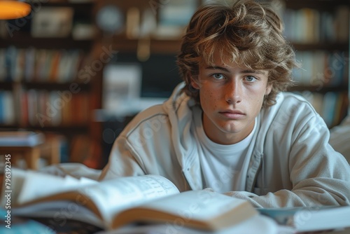 A contemplative young man with blue eyes and dishevelled hair immersed in studying at a library