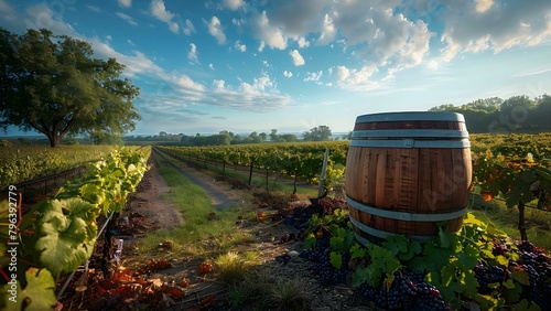 Vintage Vineyard Scene: Wine Barrel in a Grape Field Graphic Art. Concept Vintage, Vineyard, Scene, Wine Barrel, Grape Field, Graphic Art © Ян Заболотний