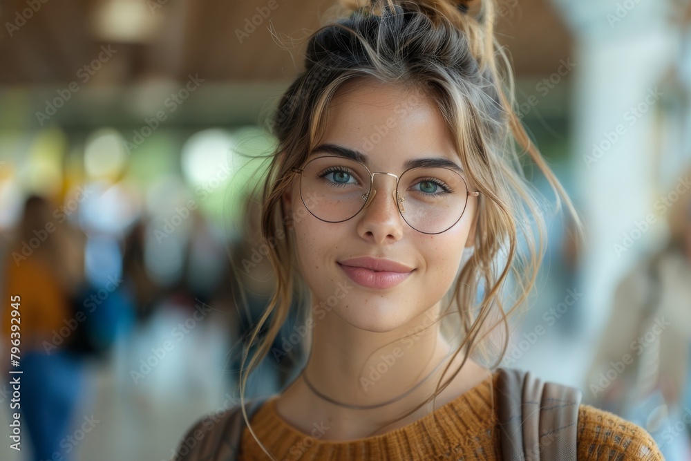 A charming young woman with glasses and a warm smile enjoys being in a public space with a gentle bokeh effect in the background A charming young woman with glasses and a warm smile enjoys being in a public space with a gentle bokeh effect in the background