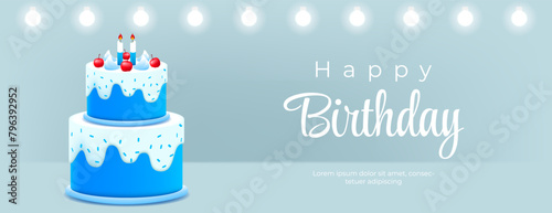happy birthday card for a boy with blue white 3d cake and lamp on blue background. vector illustration