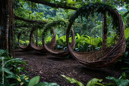 A set of swings made from woven vines and branches, nestled within the boughs of a lush, tropical rainforest