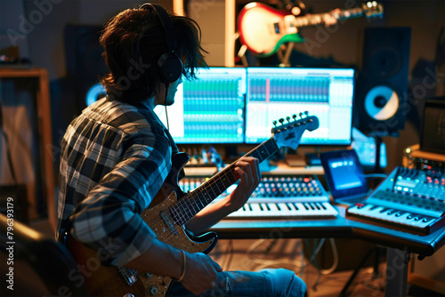 A musician recording a new song in a state-of-the-art recording studio. photo