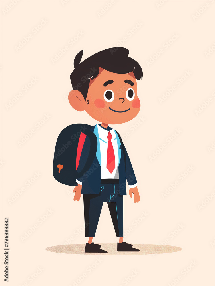 Boy student kid in suit with backpack. cartoon illustration