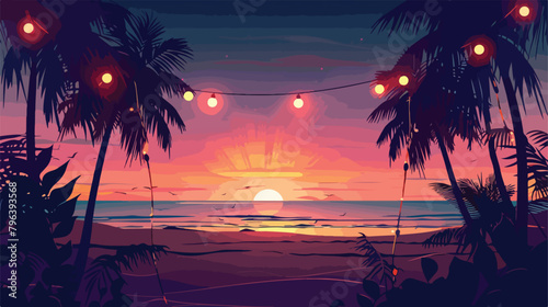 Beautiful tropical beach sunset scene with palms