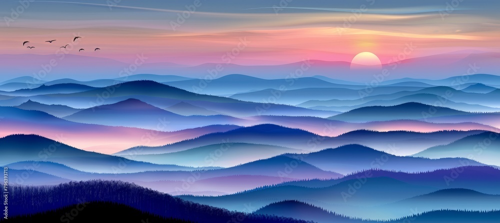 Vibrant sunset illuminating scenic mountain landscape with a touch of golden hour beauty