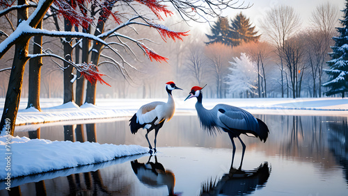 Beautiful Couple lover Red-crowned crane bird from kushiro hokkaido japan in winter season photo