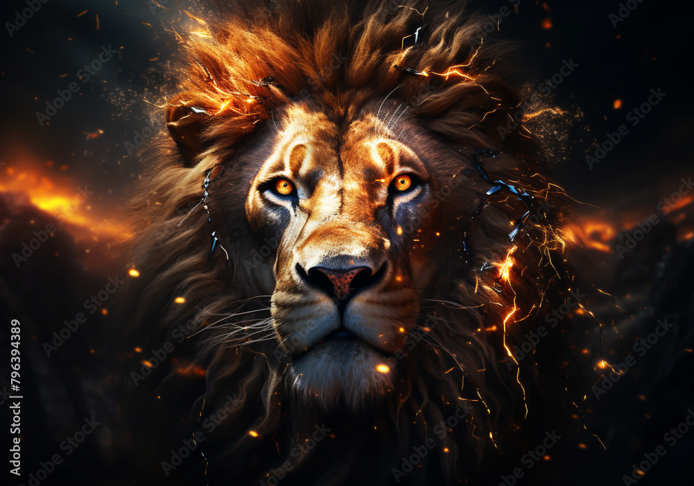 Lion portrait illustration with light and color