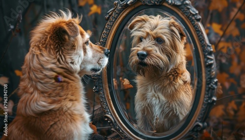 Artistic rendering of a dog seeing itself as a lion in the mirror exploring themes of selfperception and branding in business photo