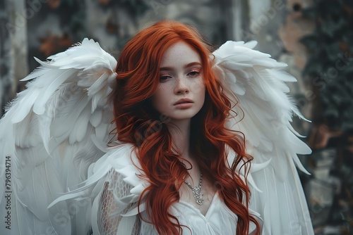 A woman with red hair and white wings resembling an angel. Concept Portrait Photography, Female Model, Red Hair, White Wings, Angelic Theme photo