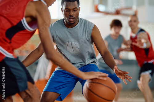Canvastavla Defense player trying to block his opponent during basketball match on  court