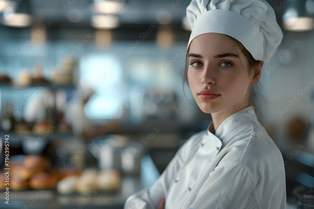 Female Baker Chef in Bakery Kitchen