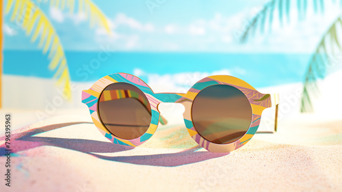 Stylish sunglasses with colorful pattern on a sandy beach with a backdrop of blue sky and palm trees.