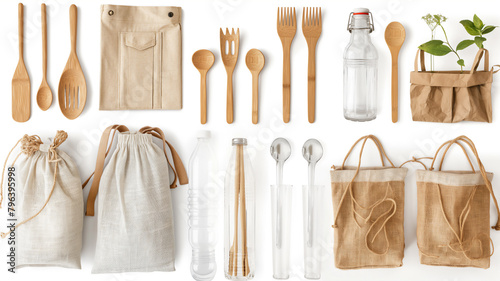 Eco-friendly kitchen utensils and containers, including wooden utensils, cotton bags, and glass bottles.