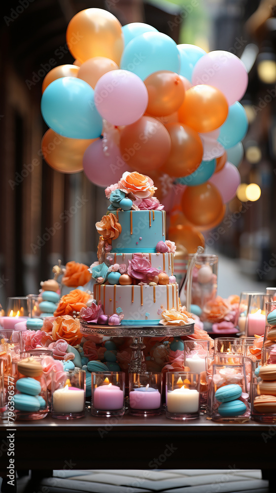 Layered Birthday cake surrounded with candles and balloons in background.