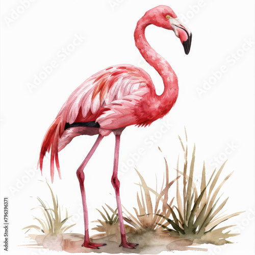 Elegant pink flamingo captured in watercolor  standing tall amidst grass  showcasing its grace and beauty.