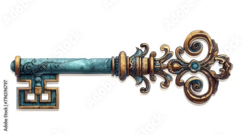 Illustration of an ornate vintage key, focusing on its intricate design and the patina that tells its history photo