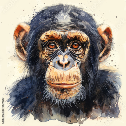 Artistic watercolor portrait of a chimpanzee with detailed facial expressions, isolated on white background.