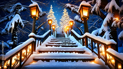 lantern-lined steps in winter snow in Kibune at night photo