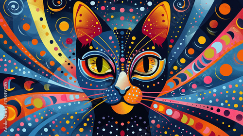 A digital painting of a cat's face with bright colors and patterns